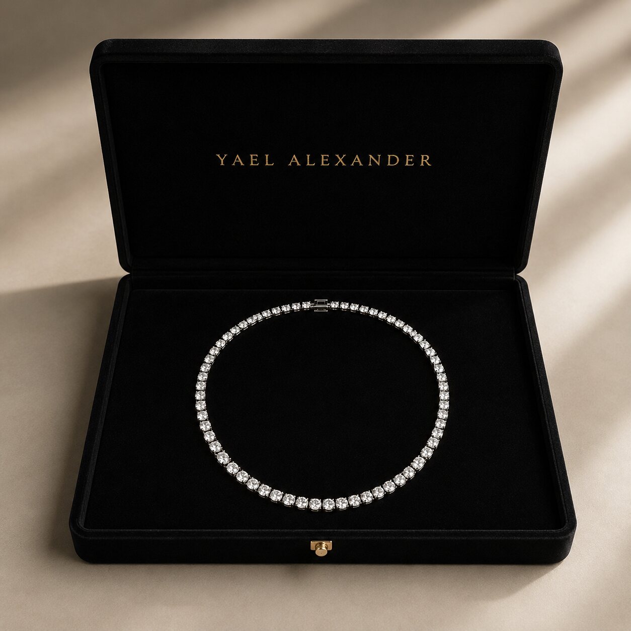 Diamond rivière necklace presented in a black velvet Yael Alexander box