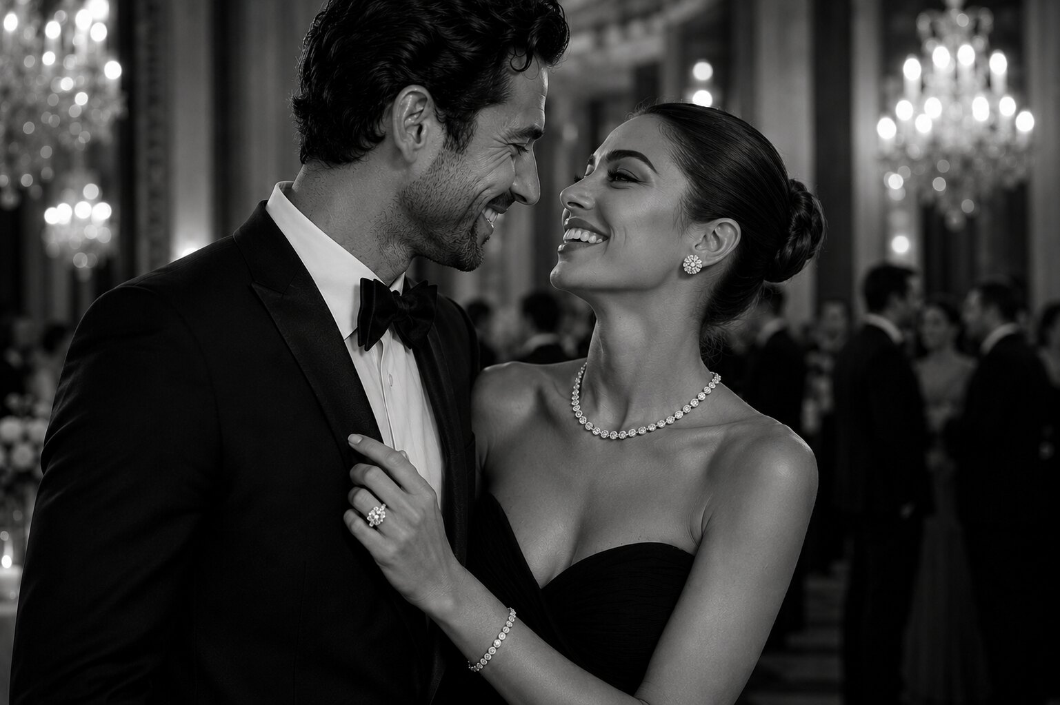 Elegant couple in black tie laughing at a gala, she wears a diamond necklace, studs, tennis bracelet and ring