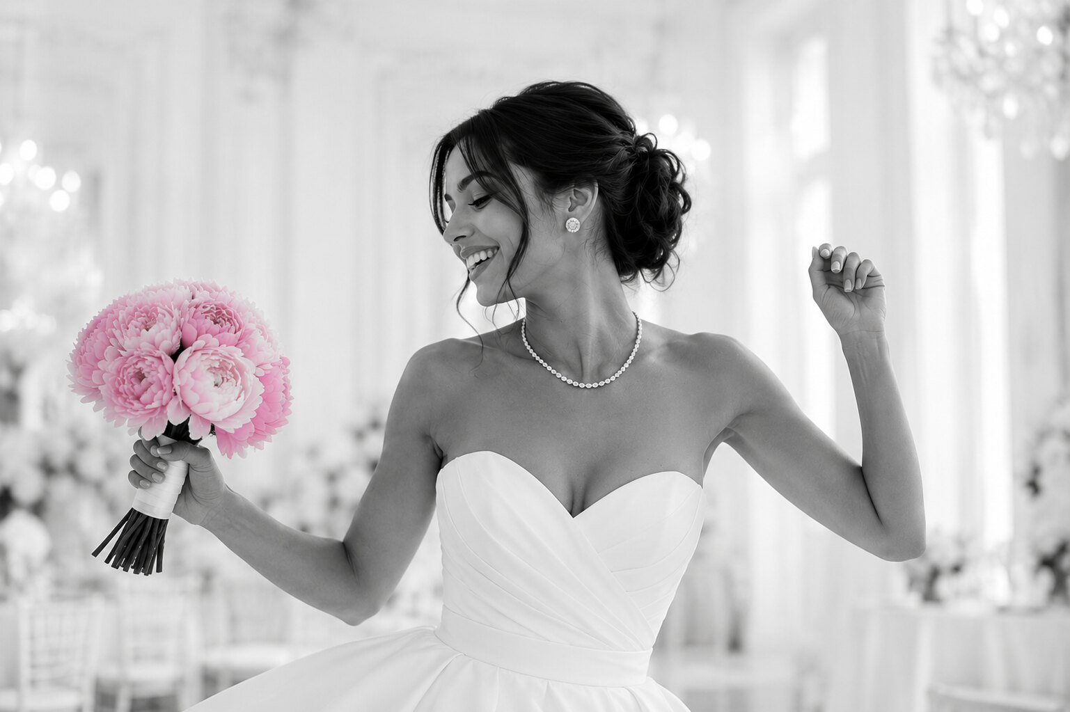 Bride in a strapless gown wearing a diamond necklace and studs, holding a pink peony bouquet